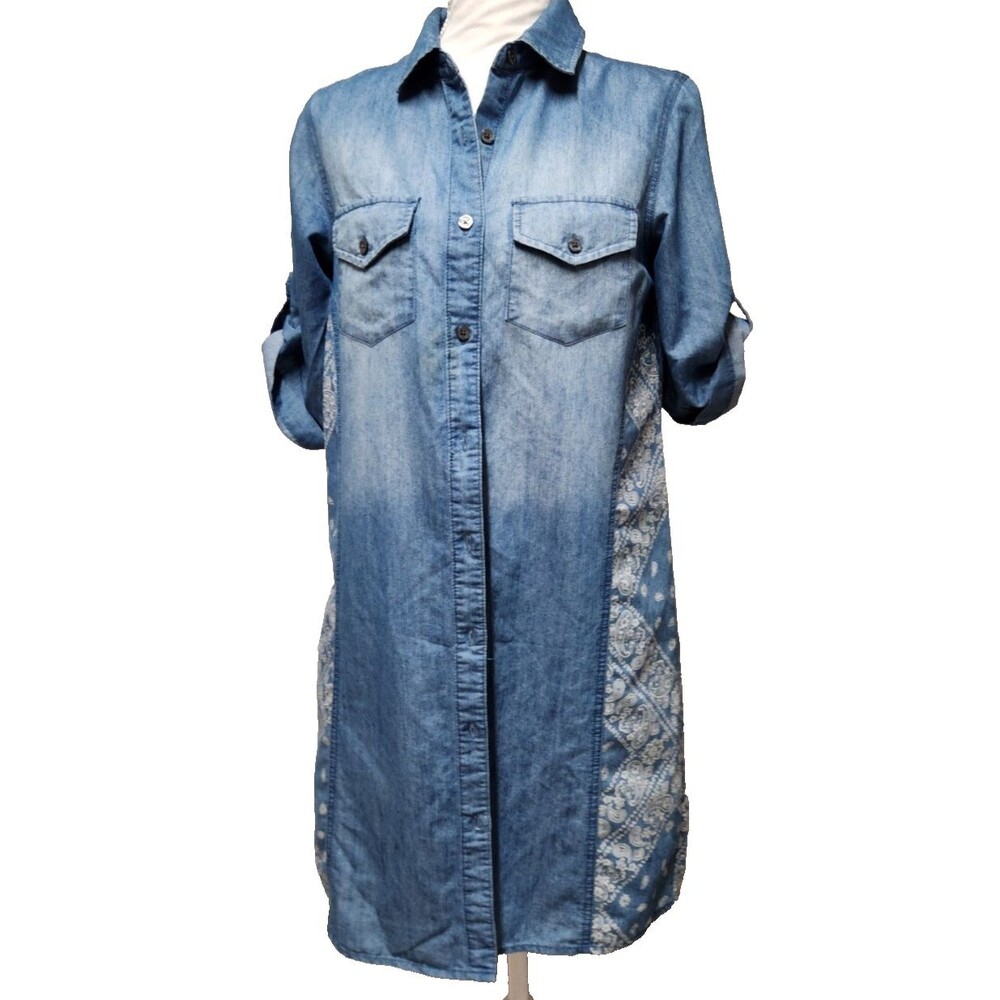 Given Kale Blue Chambray Bandana Print Button Front Shirt Dress Sz Petite Medium